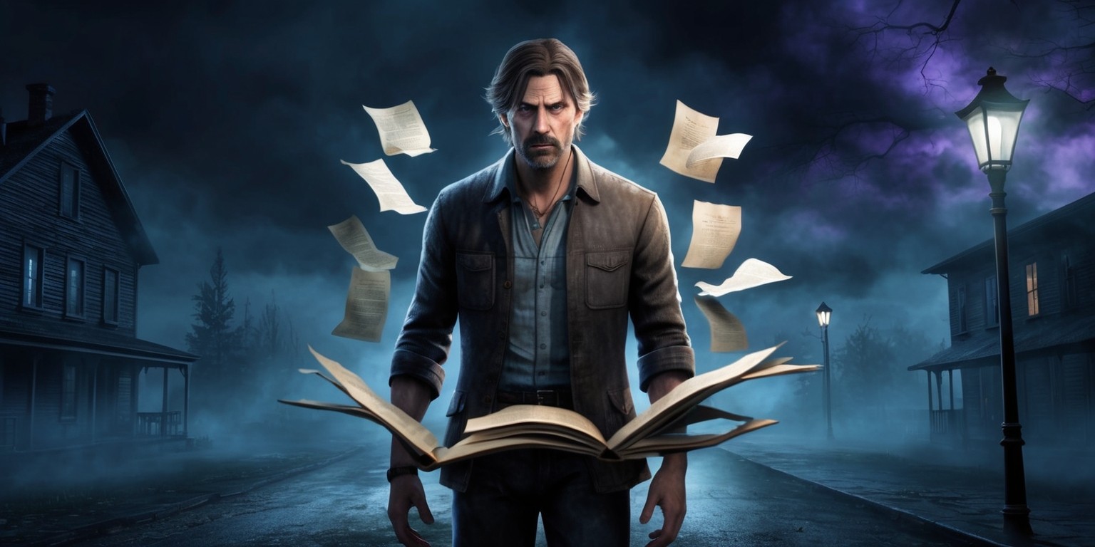 A hauntingly atmospheric scene inspired by the Alan Wake video game, set in the eerie, mist-shrouded town of Bright Falls, with the protagonist Alan Wake, a middle-aged white man with a worn, worried expression, unkempt brown hair, and a few days' worth of stubble, standing in the center, surrounded by fluttering pages of his latest manuscript, illuminated only by the faint, flickering glow of a nearby streetlamp, casting long, ominous shadows across the deserted streets, with the dark, foreboding silhouette of Cauldron Lake looming in the background, its waters rippling with an otherworldly energy, while the sky above is a deep, foreboding indigo, with hints of purple and blue, evoking a sense of mystery, suspense, and impending doom.