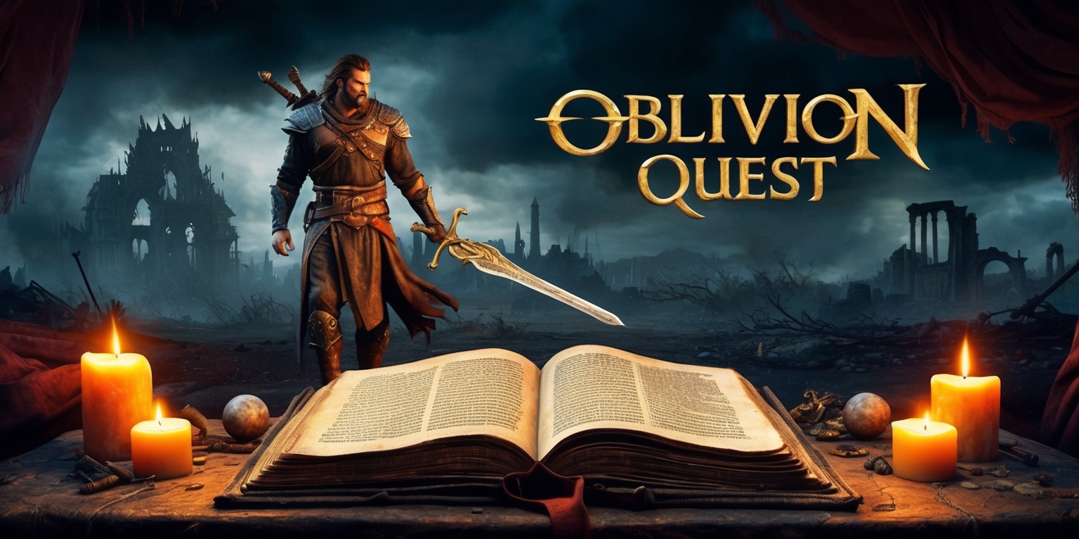 A mystical, ancient tome lies open on a worn, wooden pedestal, surrounded by candles and strange, glowing orbs, as a heroic figure clad in worn leather armor and carrying an intricately designed sword stands victorious, yet weary, in the midst of a desolate, post-apocalyptic landscape, with ruins of a once-majestic city in the background, under a dark, foreboding sky with hints of an ominous, crimson glow, as if the very fabric of reality is unraveling, evoking a sense of adventure, danger, and mystique, with the words Oblivion Quest etched in bold, golden font across the top of the page, in a style reminiscent of ancient, mythical tomes.