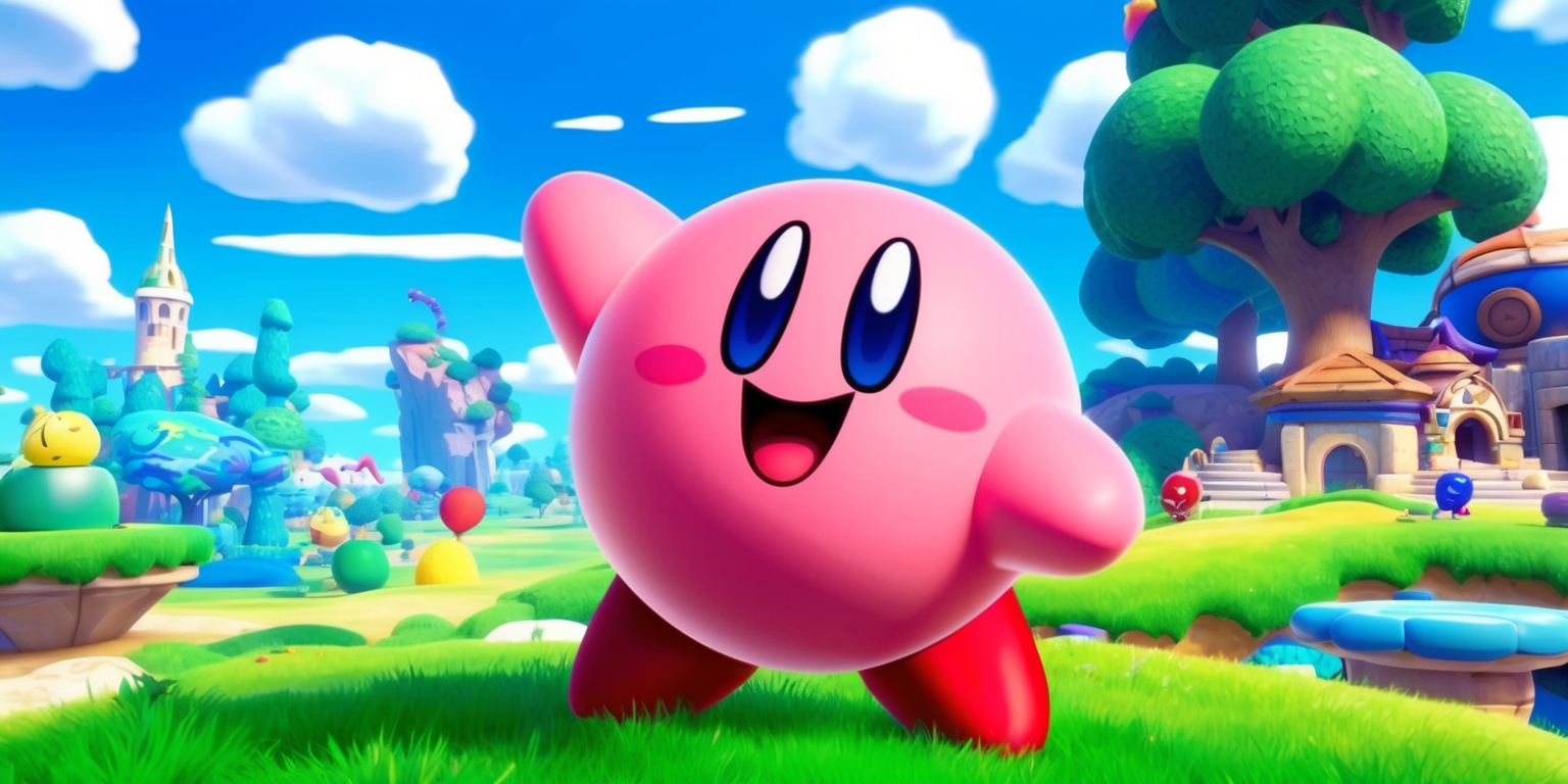 A colorful digital illustration of Kirby standing in a vibrant, fantastical landscape, with elements from the Kirby and the Forgotten Land game, featuring a bright blue sky with fluffy white clouds, lush green grass, and towering trees, Kirby is depicted with his iconic round body, bright pink skin, and big expressive eyes, wearing a determined expression, with a few forgotten land characters and objects in the background, including a mixture of old and new architecture, with bold lines, and a dynamic composition, incorporating the game's distinct art style, and a sense of adventure and exploration, with a shallow depth of field, and a warm, inviting atmosphere.