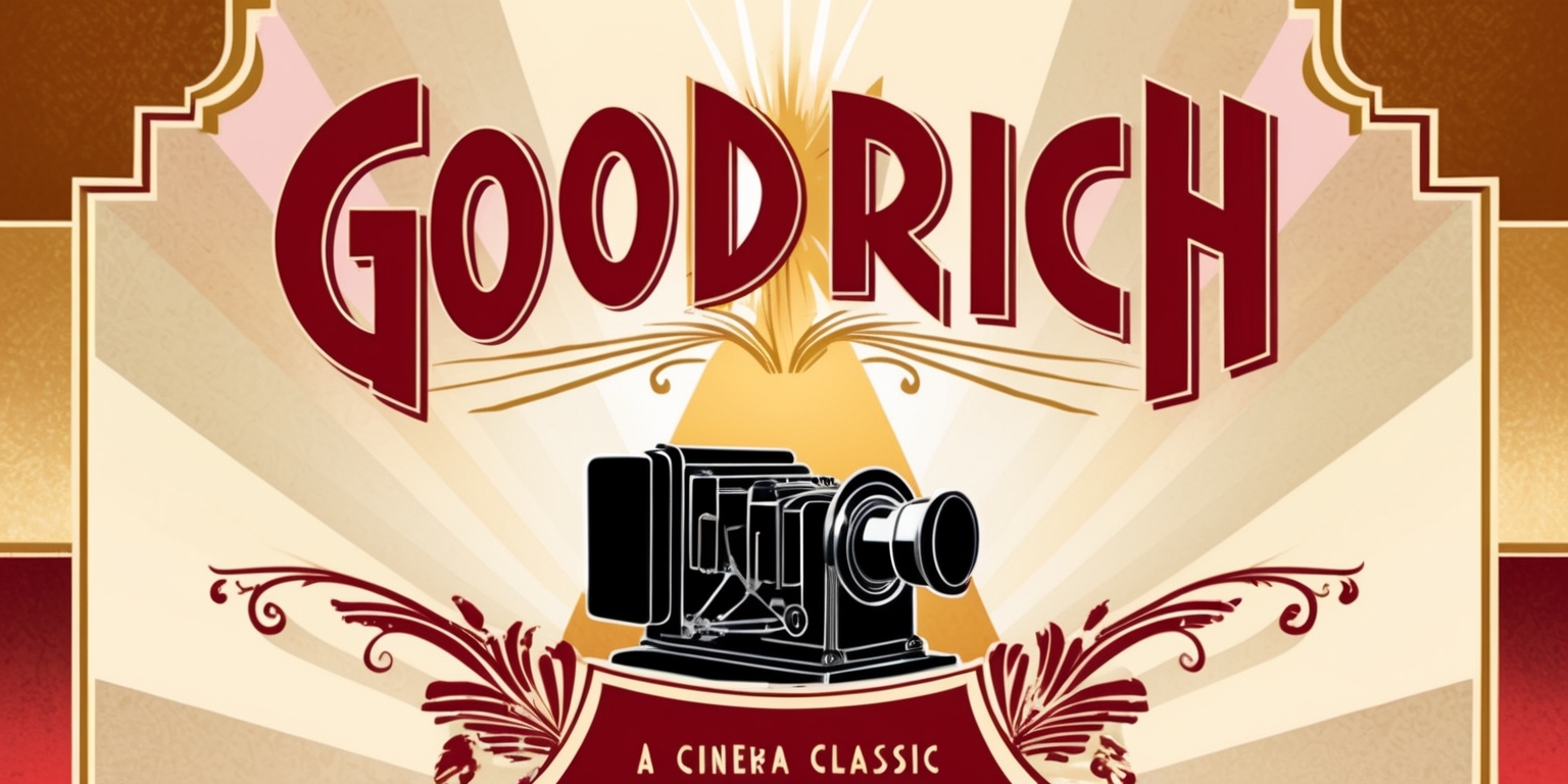 A vintage-style movie poster for Goodrich featuring a warm and inviting color palette with earthy tones of golden brown, crimson red, and creamy whites, set against a subtle gradient background that evokes a sense of nostalgia and classic Hollywood glamour. In the foreground, a spotlight shines down on a iconic illustration of a majestic film camera, surrounded by ornate decorations and flourishes reminiscent of the Art Deco era. The title Goodrich is emblazoned across the top of the poster in bold, serif font with elegant curves and lines, while the tagline A Cinema Classic is written in smaller text at the bottom in a clean, sans-serif font. The overall design is symmetrical, with balanced composition and negative space that creates a sense of harmony and sophistication.