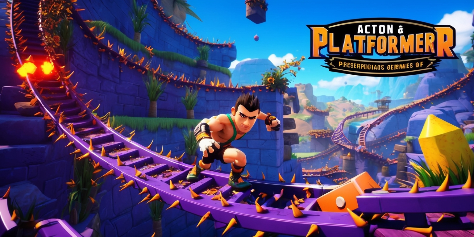 A vibrant action platformer game scene with a mix of dynamic obstacles, intricate phases, and diverse mechanics, set amidst a backdrop of thorn-lined corridors, spiky hills, and rail grinding tracks, where a protagonist with determined facial features and athletic build navigates through challenging stages, requiring precise timing, resource management, and a mix of combat maneuvers and environmental tactics, with hidden collectibles and cinematic aesthetics, all blending together to create an immersive gaming experience, featuring a color palette of deep blues and purples for the background, with accents of bright oranges and yellows for the obstacles and collectibles, and a bold, serif font for the game's logo, which is emblazoned across the top of the screen in a curved line, with the tagline written in a smaller, cursive script below it.
