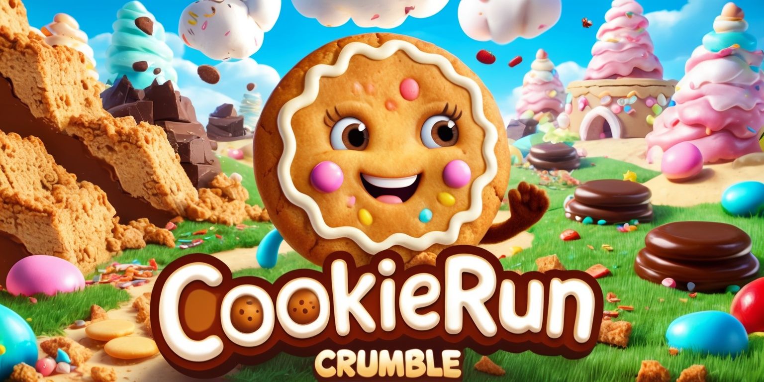 Vibrant promotional key art for CookieRun: Crumble, a whimsical fantasy mobile game featuring an adorable cookie character with golden-brown baked texture, expressive large eyes, rosy cheeks, colorful icing details, and a playful heroic pose. Surround the character with a dynamic candy-filled landscape of crumbling biscuit cliffs, frosting clouds, chocolate stones, jelly candies, sprinkles, and glowing magical crumbs. Use warm caramel, cream, pastel pink, mint, sky blue, and strawberry-red colors, with polished 3D cartoon rendering, soft rounded shapes, glossy highlights, rich textures, cheerful lighting, and energetic motion. Compose the scene with the main cookie prominently centered in the foreground, an expansive candy kingdom behind it, and a clear open area for the game title. Include the text CookieRun: Crumble in bold, rounded, playful lettering with a warm cream fill, chocolate-brown outline, subtle candy shine, and a lightly crumbly effect. High-detail, joyful, family-friendly game advertisement aesthetic.