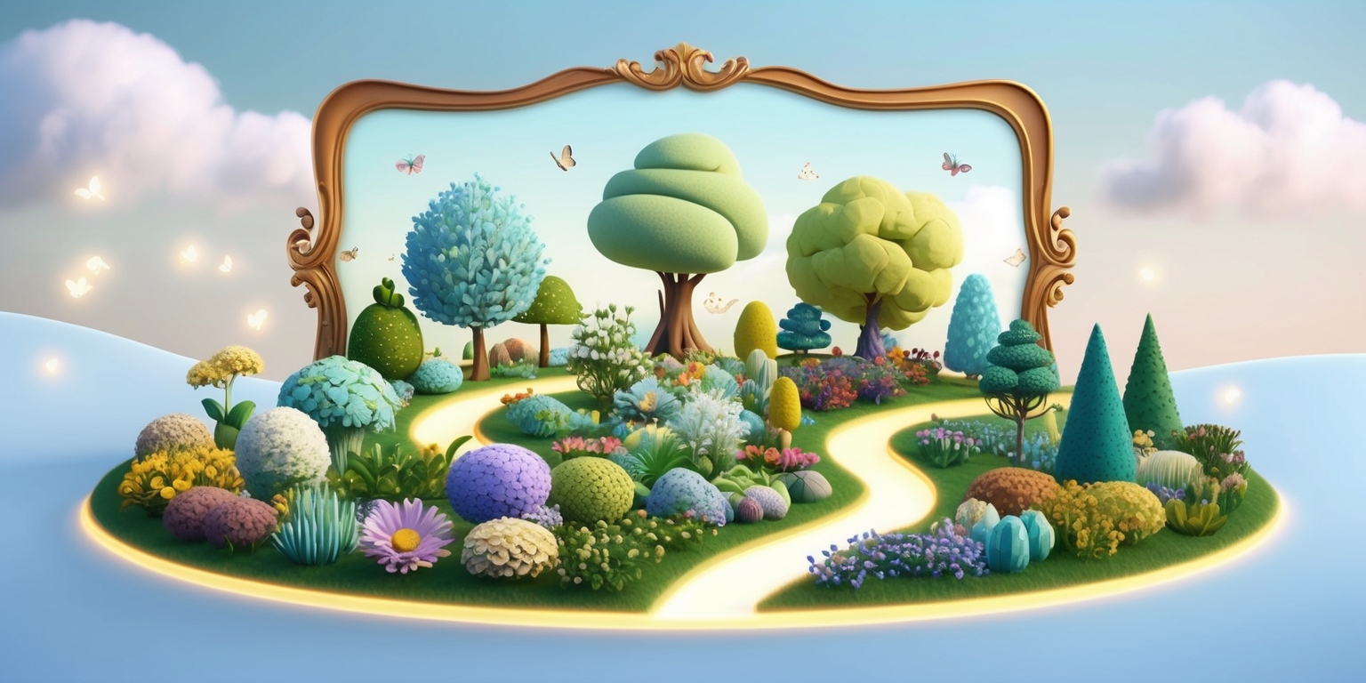A serene and vibrant digital illustration of a virtual gardening game, set against a soft, gradient blue sky with fluffy white clouds, depicting a whimsical 3D garden filled with diverse, intricately detailed flowers, trees, and shrubs, each with varying textures, shapes, and sizes, surrounded by curved, glowing pathways and twinkling fireflies, with a subtle, shimmering mist effect in the air, and a few butterflies fluttering around the garden, with a large, ornate, golden-brown framed interface hovering above the garden, featuring a minimalist, modern UI with clean lines, gentle curves, and soft, pastel colors, adorned with tiny, delicate icons of gardening tools and seeds, and a subtle, glowing light emanating from the screen, casting a warm, comforting ambiance on the surrounding environment.