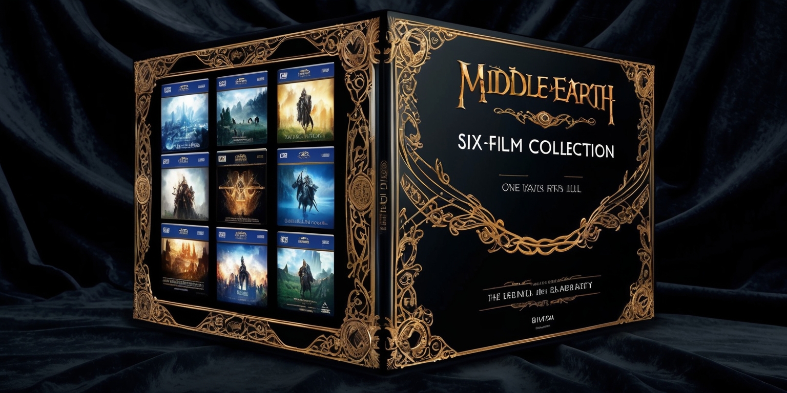 A majestic, ornate box set adorned with intricate golden filigree and embossed with the emblem of Middle-earth, containing six DVDs or Blu-rays of the epic fantasy saga, with each disc featuring a unique, colorful artwork depicting a pivotal scene or character from the respective film, set against a rich, velvety black background that evokes the sense of luxury and nostalgia, with the title Middle-earth Six-Film Collection emblazoned in bold, serif font across the top of the box in a shimmering silver hue, accompanied by a smaller tagline One Ring to Rule Them All in a curved, elegant script, all nestled within a sturdy, premium box with a lift-off lid that reveals a collection of behind-the-scenes images, concept art, and exclusive liner notes.