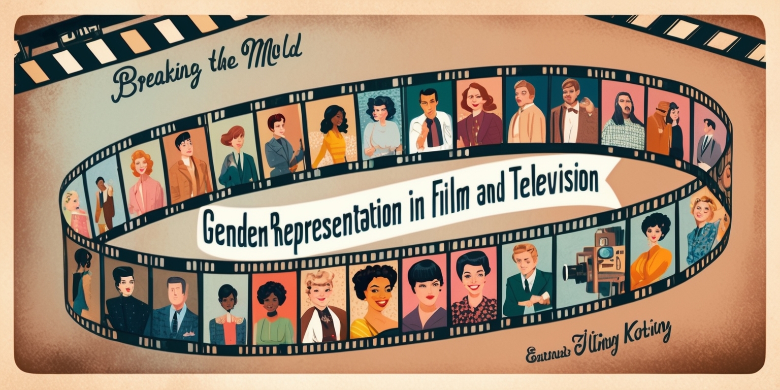 A vintage-inspired illustration of a film strip unraveling, with alternating frames showcasing diverse characters from various movies and TV shows, each representing a different gender identity, including male, female, non-binary, and gender-nonconforming individuals, set against a warm, muted color palette with a mix of earthy tones and pastels, evoking a sense of nostalgia and retro flair. The characters are depicted in various poses and scenarios, highlighting different aspects of representation, such as leading roles, romantic relationships, and professional careers. In the background, a subtle gradient of clapperboards, cameras, and film reels creates a sense of movement and depth. At the center of the image, a bold, modern font displays the title Gender Representation in Film and Television in a curved line, echoing the shape of the film strip, with the words Breaking the Mold written in smaller text above, in a stylized, cursive script, conveying a sense of progress and change.