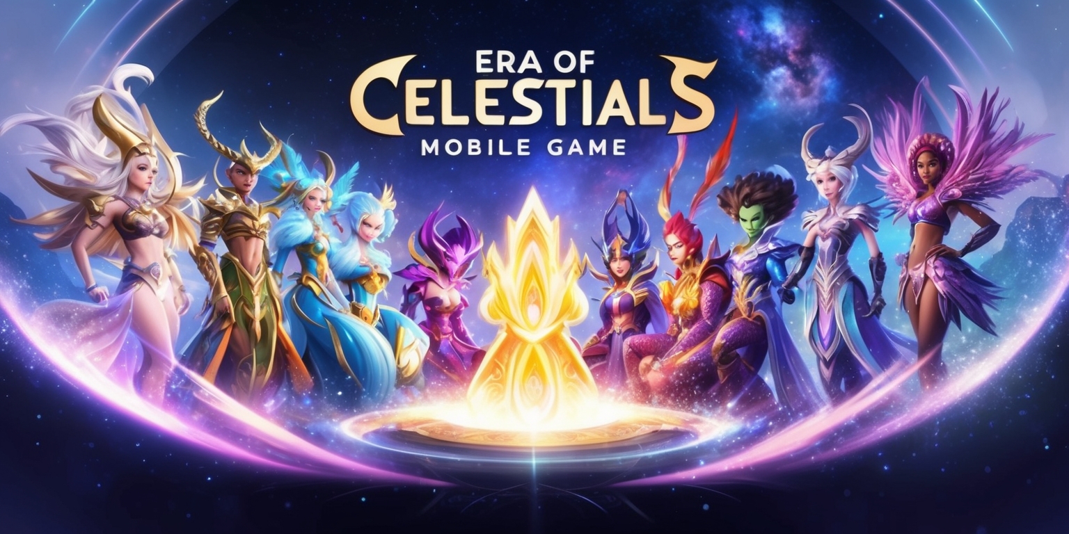A vibrant, futuristic illustration depicting the Era of Celestials mobile game, set against a radiant, starry night sky with nebulas and galaxies in the background, featuring a diverse group of celestial beings, each with unique, ethereal abilities and striking, intricate costumes, with varying skin tones and hairstyles, gathered around a glowing, ancient, mystical artifact, surrounded by subtle, shimmering particles and soft, luminescent auras, with bold, stylized typography and logos of the game's title and branding elements incorporated seamlessly into the composition, blending fantasy and technology in a mesmerizing, otherworldly atmosphere.