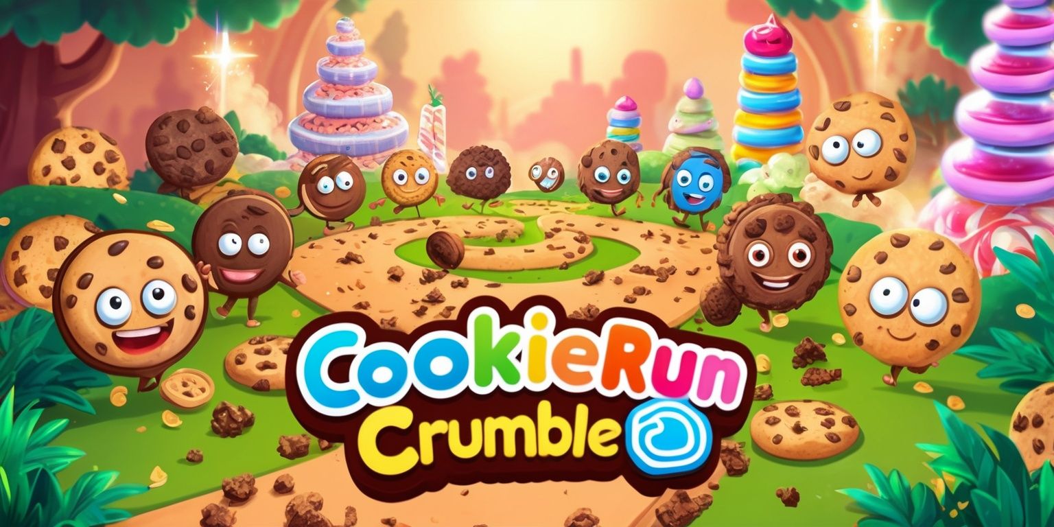 A colorful digital illustration of the CookieRun Crumble game, featuring a vibrant and whimsical landscape with cookies and crumbs scattered throughout, set against a warm and inviting background with soft lighting, populated by a variety of Cookie characters, each with distinct facial features, bright expressive eyes, and unique attributes, surrounded by lush greenery, sparkling sweets, and towering candy structures, with bold lines, textures, and intricate details, and a clear view of the game's logo in a modern, playful font with bright colors and a fun shape, integrating all the key elements of the game in a visually appealing and dynamic composition.