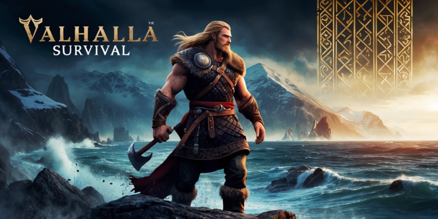 A dramatic scene from the Valhalla Survival game, set in a mystical Norse-inspired world, where a strong-willed Viking warrior, with a muscular build, long blonde hair, and piercing blue eyes, stands proudly at the edge of a rugged cliff, gazing out at a stormy sea, with a worn leather journal clutched in their hand, and a trusty battle-axe slung over their shoulder, as the wind whispers secrets of the ancient gods, amidst a backdrop of snow-capped mountains, eerie mist, and the faint glow of mystical runes etched into the atmosphere, with a warm golden light bleeding into the dark, foreboding sky, hinting at the epic battles and mythical creatures that lie ahead in this unforgiving realm of survival.