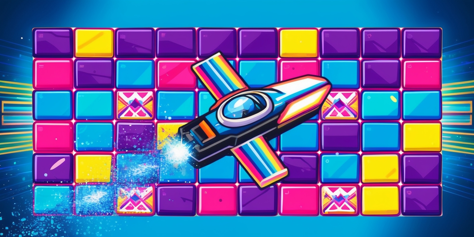 A vibrant and nostalgic arcade-inspired scene depicting the Brick Odyssey game, with a central spaceship navigating through a grid of colorful bricks, set against a bright blue background with subtle gradient effects, the bricks are adorned with a mix of bold geometric patterns and neon-lit accents, the spaceship's sleek design features a metallic sheen and emits a trail of glittering stardust, the overall style blends retro futurism with modern graphics, with clean lines, sharp textures, and a dynamic layout that conveys a sense of fast-paced action and excitement, the color palette is dominated by shades of blue, purple, and pink, with bursts of yellow and orange, and the entire scene is framed by a thin border of glowing pixels.