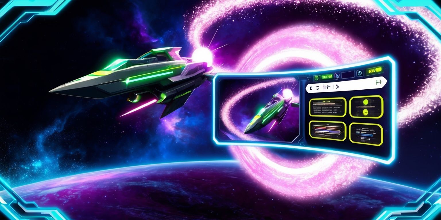 A futuristic anime-style scene depicting a vibrant Astral Simulator game with a mesmerizing purple and blue galaxy background, featuring a sleek spaceship with neon green accents and a glowing astral aura, surrounded by a halo of soft pink and white stardust, set against a deep inky blackness of space, with a hint of cosmic mist and shimmering stardust, the game's interface is displayed on a curved holographic screen with bold white and yellow text, and stylized Japanese characters, the overall atmosphere is otherworldly and dreamy, with a sense of adventure and exploration, the color palette is dominated by shades of blue and purple, with accents of green and pink, the style is reminiscent of classic anime with bold lines and vibrant colors.