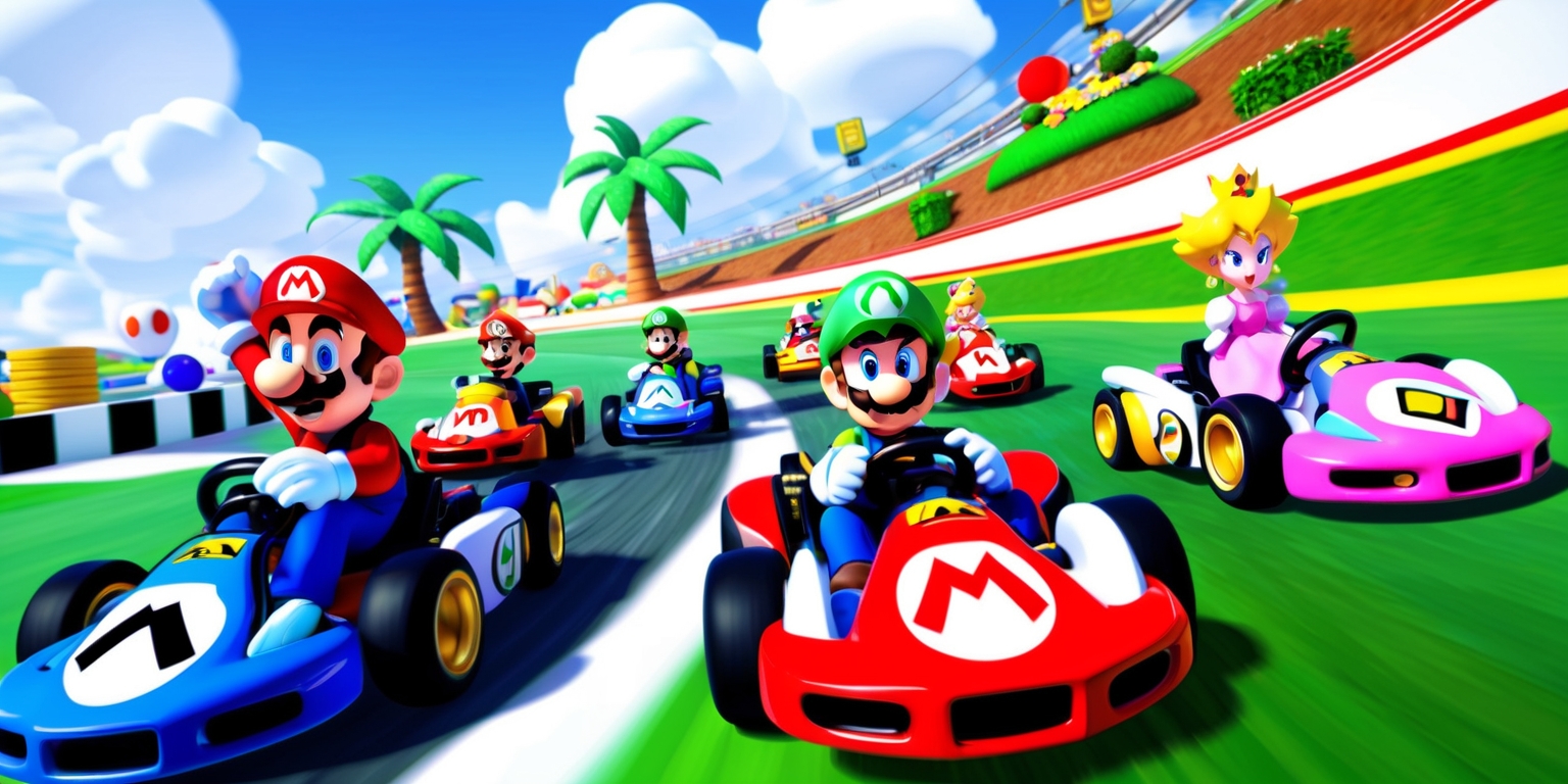 A vibrant illustration of Mario Kart World game depicting a thrilling race scene with Mario, Luigi, Princess Peach, and other iconic characters from the Mario universe, each with distinct facial expressions, racing in colorful karts with unique designs, speeding through a winding and banked circuit with lush green grass, palm trees, and scenic sky, with power-up items and coins scattered around, and a dynamic background with fluffy white clouds, and subtle shading, with bold lines, and detailed textures, in a bright, sunny, and fun atmosphere.