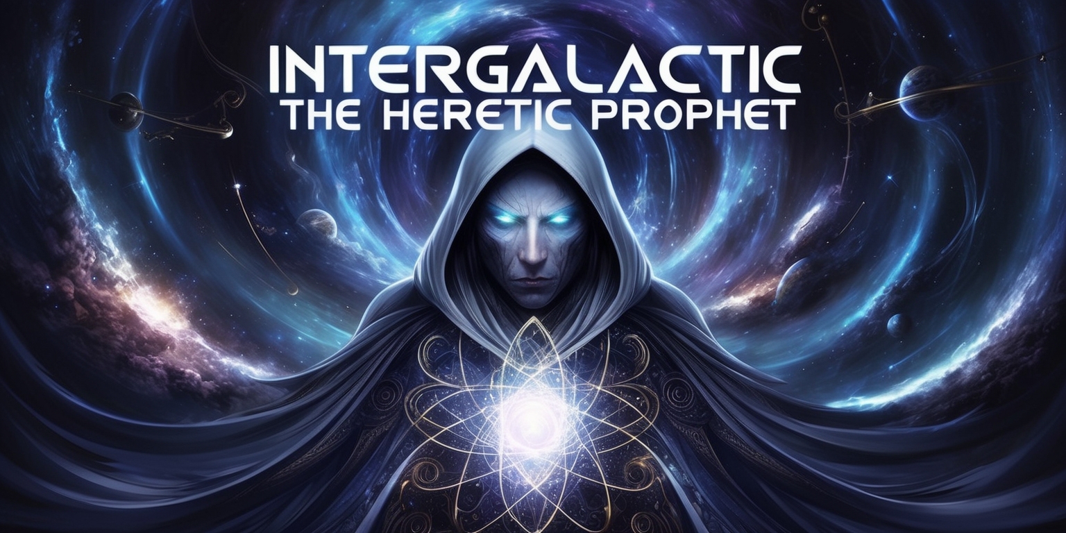 A mystical, otherworldly illustration depicting the enigmatic Heretic Prophet, central to the Intergalactic universe, amidst a swirling vortex of celestial bodies and nebulas, with hints of ancient, arcane artifacts scattered throughout the cosmos. The Prophet's face, shrouded in shadows, radiates an air of mystique, with piercing, ethereal eyes glowing like stars in the dark expanse. Intricate, swirling patterns of sacred geometry adorn the Prophet's flowing, hooded robes, which billow behind like a comet's tail. In the background, galaxies and nebulas blend into a kaleidoscope of deep blues and purples, with subtle, shimmering accents of silver and gold. The title Intergalactic: The Heretic Prophet is emblazoned across the top in bold, curved, futuristic script, with subtle, glowing highlights that evoke the essence of the cosmos.