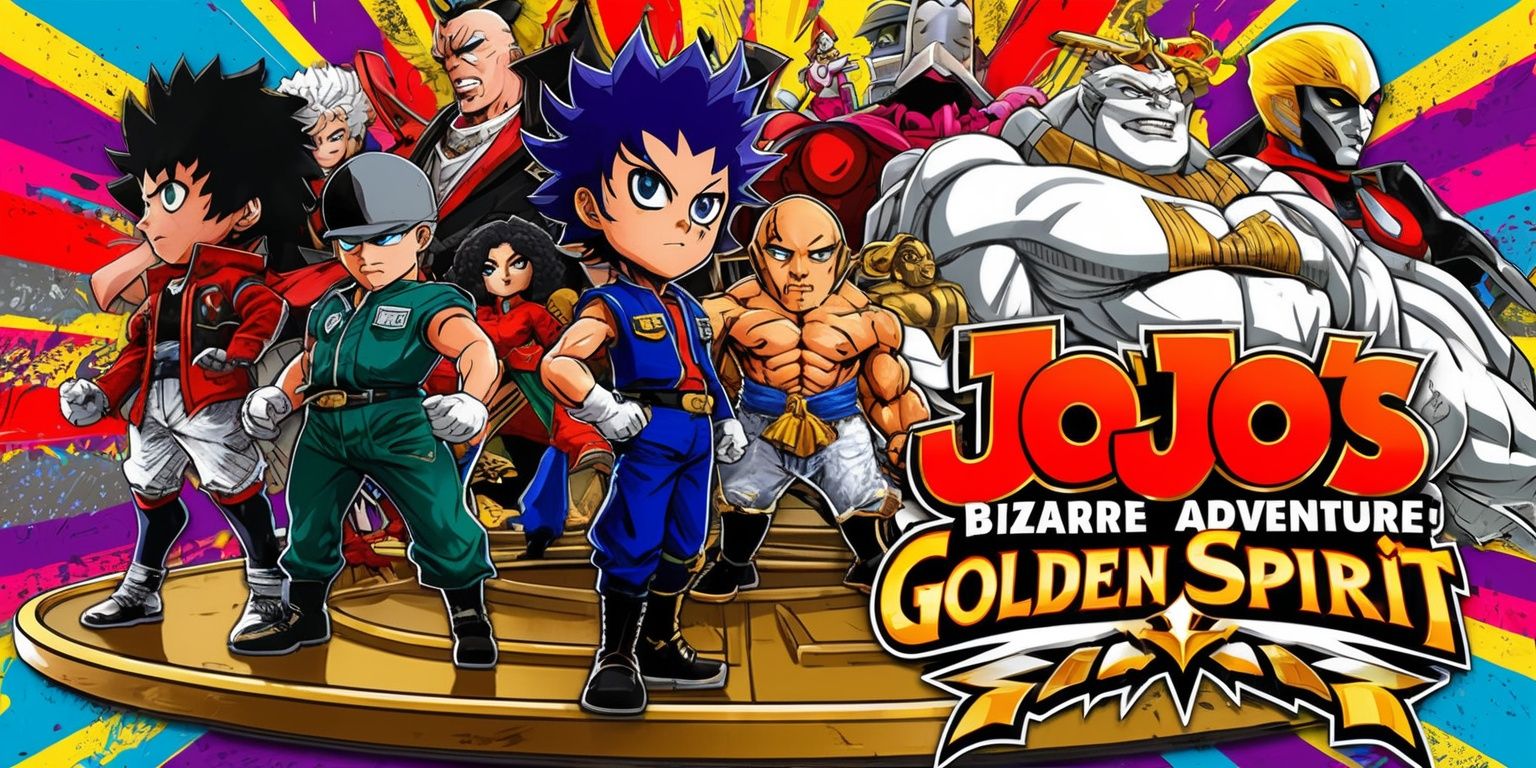 A vibrant and dynamic illustration of the JoJo’s Bizarre Adventure: Golden Spirit game, with a focus on the main characters and their stands, set against a bold and colorful background that reflects the game's energetic and adventurous spirit, featuring intricate details and textures, with the characters' facial features and clothing accurately depicted, including Jotaro Kujo's distinctive hair and Star Platinum's muscular build, along with other characters from the series, all rendered in a stylized and exaggerated artistic style, with bold lines and bright colors, and the game's logo prominently displayed in a stylized font with golden accents.