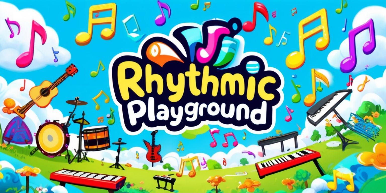 A vibrant and dynamic digital illustration of the Rhythmic Playground game, featuring a colorful and lively atmosphere with musical notes and symbols floating around, set against a bright blue background with fluffy white clouds, the game's logo is prominently displayed in bold, curly font with a mix of pastel colors, the overall style is playful and whimsical with a sense of movement and energy, the illustration includes various musical instruments such as guitars, drums, and keyboards, with notes and rhythms flowing out of them in a joyful and harmonious manner, the game's interface is user-friendly and intuitive, with clear and easy-to-read text and buttons, the entire scene is filled with a sense of fun and creativity, inviting players to join in and experience the magic of music and rhythm.
